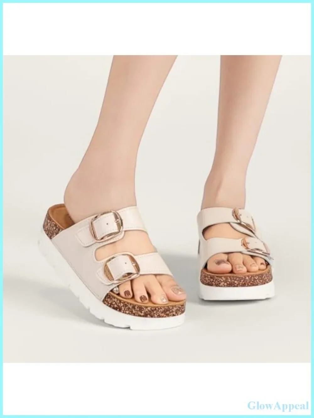 Platform Sandals Cork Footbed Slides Double Buckle Open Toe Women's Shoes